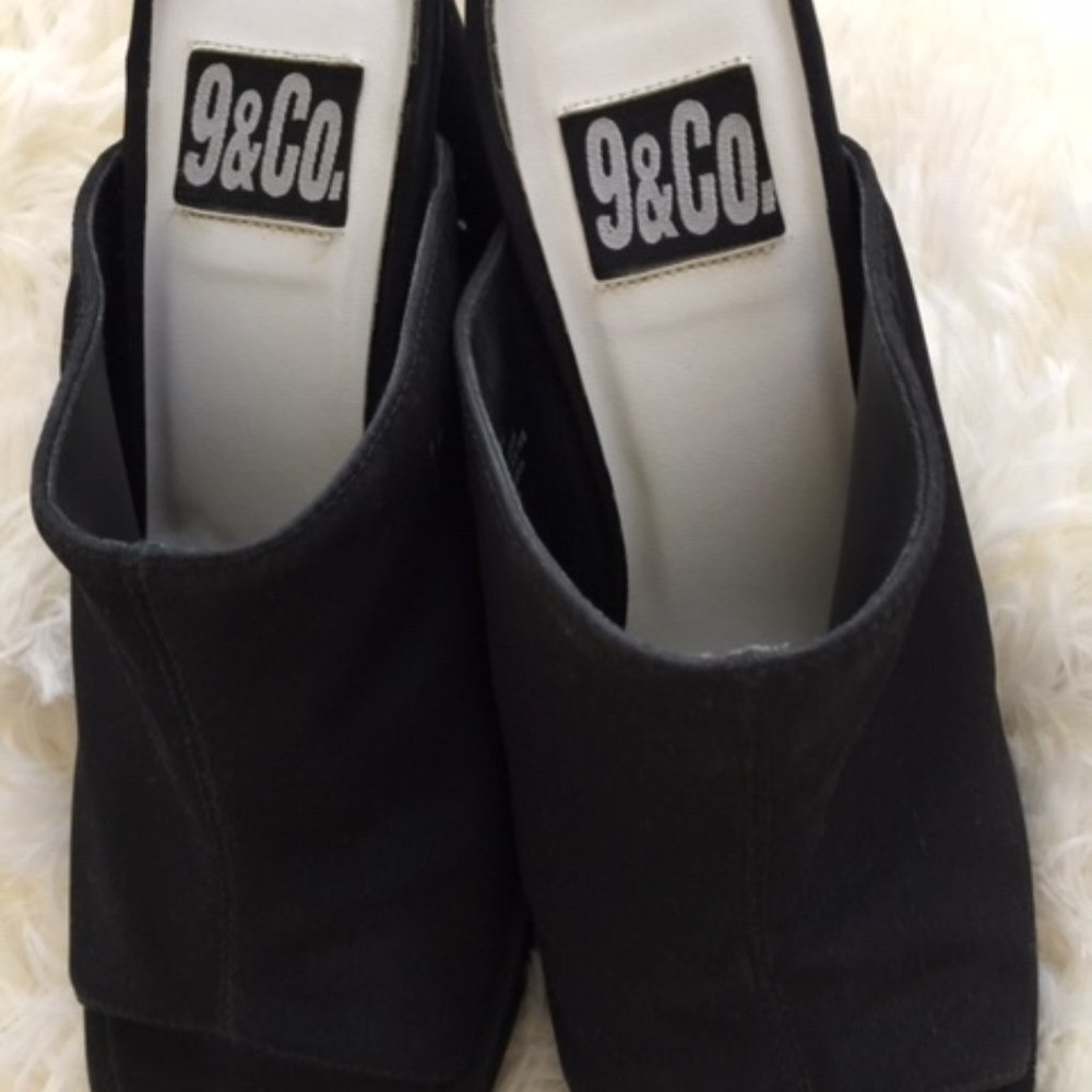 PLATFORM SANDALS, BLACK SATIN, 9 & CO., SIZE 7M
